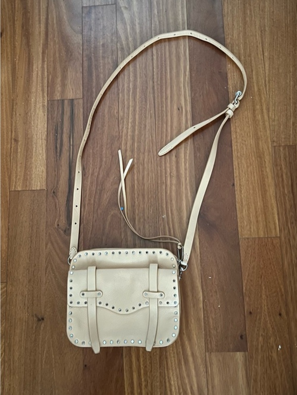 Rebecca Minkoff Cream Pebbled Leather Studded Grommet Adjustable Crossbody Bag